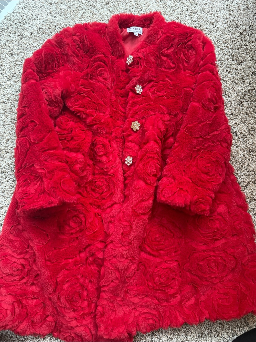 Blueberi Boulevard Red Rose-Textured long Jacket with Floral Buttons size 6/6x
